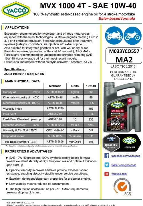 YACCO MVX 1000 4T SAE 10W40 1L - 欣榮偈油專門店